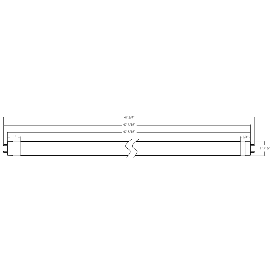 Dimension drawing of the RAB T8-12-48G-8CCT-HYB T8 LED Tube – 4ft – Type A+B Hybrid – 12W – Selectable 3000K/3500K/4000K/5000K/6500K – 1650 Lumens – 120-277V / Ballast Dependentshowing fixture dimensions and mounting measurements.