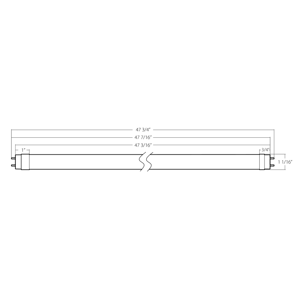 Dimension drawing of the RAB T8-12-48GC-8CCT-HYB T8 LED Tube – 4ft – Type A+B Hybrid – Single Ended – 12W – Selectable 3000K/3500K/4000K/5000K/6500K – 1700 Lumens – 120-277V / Ballast Dependentshowing fixture dimensions and mounting measurements.