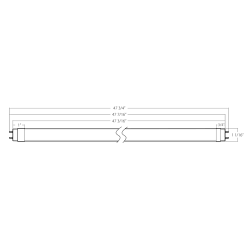 Dimension drawing of the RAB T8-12-48GC-8CCT-HYB T8 LED Tube – 4ft – Type A+B Hybrid – Single Ended – 12W – Selectable 3000K/3500K/4000K/5000K/6500K – 1700 Lumens – 120-277V / Ballast Dependentshowing fixture dimensions and mounting measurements.