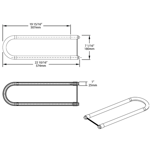 Dimension drawing of the RAB T8-13-U6G-835-SD-HYB T8 U-Bend LED Tube – 2ft – Type A+B Hybrid – Single/Double Ended – 13W – 3500K – 1950 Lumens – 2G13 Base – 120-277V / Ballast Dependentshowing fixture dimensions and mounting measurements.