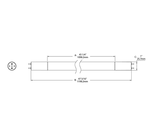 Dimension drawing of the RAB T8-14-48G-850-DE-BYP T8 LED Tube – 4ft – Type B Ballast Bypass – Double Ended – 14W – 5000K – 1800 Lumens – 120-277Vshowing fixture dimensions and mounting measurements.