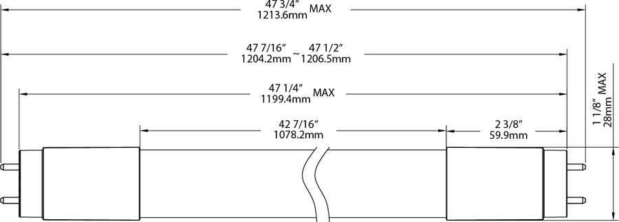 Dimension drawing of the RAB T8-14-48G-850-SE-BYP-DIM T8 LED Tube – 4ft – Type B Ballast Bypass – Single Ended – 14W – 5000K – 2000 Lumens – 120-277Vshowing fixture dimensions and mounting measurements.