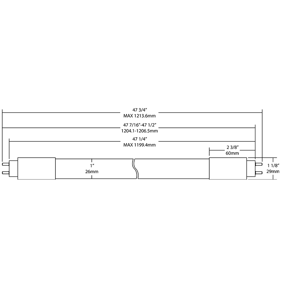 Dimension drawing of the RAB T8-14-48GC-840-HYB T8 LED Tube – 4ft – Type A+B Hybrid – 14W – 4000K – 2200 Lumens – G13 Base – 120-277V / Ballast Dependentshowing fixture dimensions and mounting measurements.