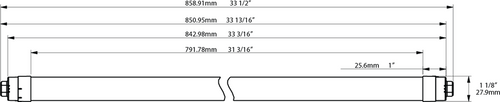 Dimension drawing of the RAB T8-15-36P2S-865-DE-BYP T8 LED Sign Tube – 3ft – Type B Ballast Bypass – Double Ended – 15W – 6500K – 1950 Lumens – Dual-Sided Illumination – 120-277Vshowing fixture dimensions and mounting measurements.