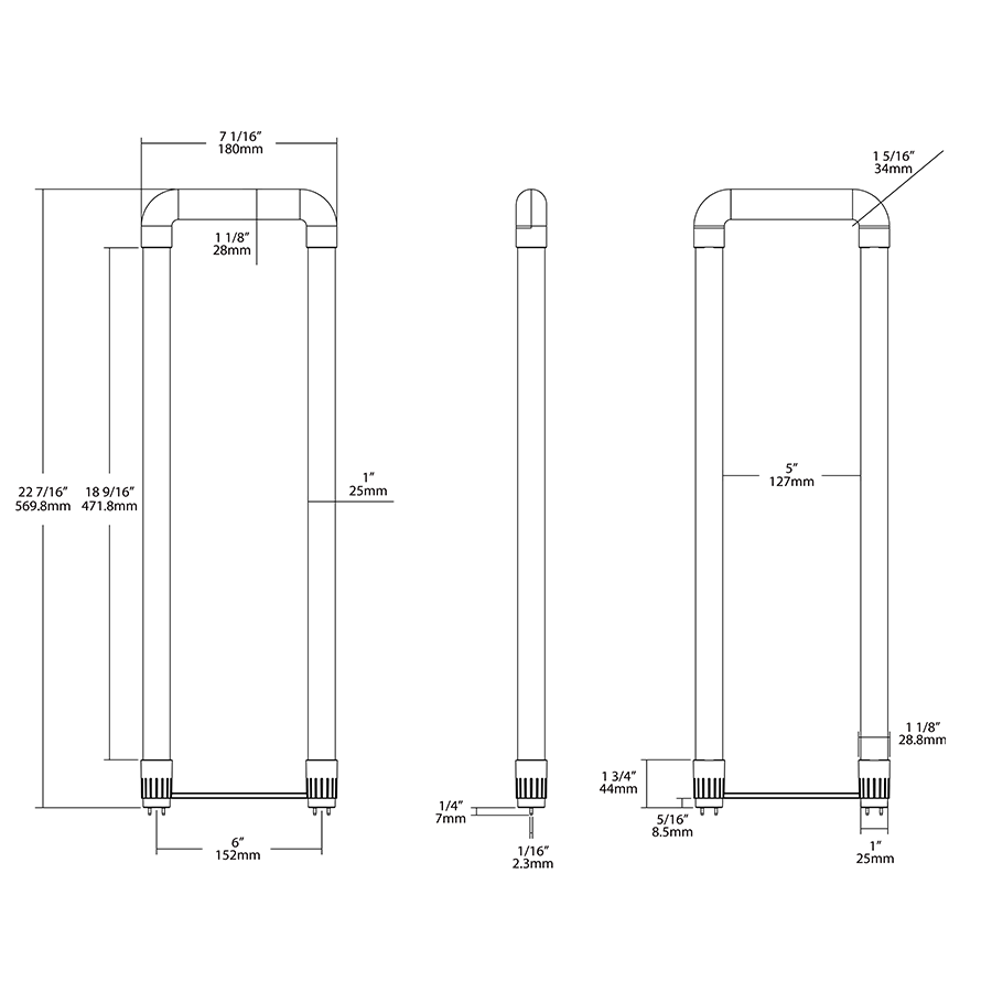 Dimension drawing of the RAB T8-15-U6GC-835-EXT T8 U-Bend LED Tube – 4ft – Type C External Driver – 15W – 3500K – 2000 Lumens – G13 Base – Driver Dependentshowing fixture dimensions and mounting measurements.