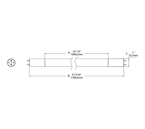 Dimension drawing of the RAB T8-17-48G-850-DE-BYP T8 LED Tube – 4ft – Type B Ballast Bypass – Double Ended – 17W – 5000K – 2200 Lumens – 120-277Vshowing fixture dimensions and mounting measurements.