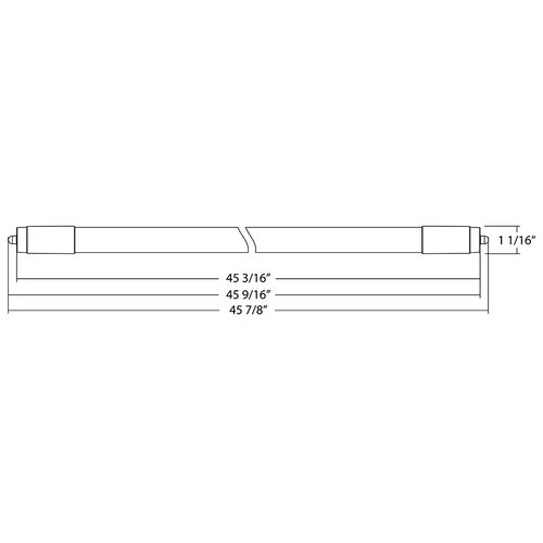 Dimension drawing of the RAB T8-17-48GC-FA8-DE-BYP T8 LED Tube – 4ft – Type B Ballast Bypass – Double Ended – 17W – 4000K – 2600 Lumens – FA8 Base – 120-277Vshowing fixture dimensions and mounting measurements.