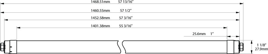 Dimension drawing of the RAB T8-24-60P2S-865-DE-BYP T8 LED Sign Tube – 5ft – Type B Ballast Bypass – Double Ended – 24W – 6500K – 3250 Lumens – Dual-Sided Illumination – 120-277Vshowing fixture dimensions and mounting measurements.