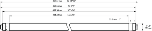 Dimension drawing of the RAB T8-24-60P2S-865-DE-BYP T8 LED Sign Tube – 5ft – Type B Ballast Bypass – Double Ended – 24W – 6500K – 3250 Lumens – Dual-Sided Illumination – 120-277Vshowing fixture dimensions and mounting measurements.