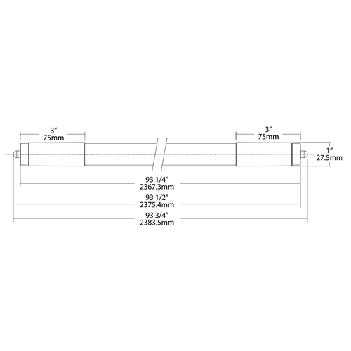Dimension drawing of the RAB T8-24-96G-FA8-835-DE-BYP T8 LED Tube – 8ft – Type B Ballast Bypass – Double Ended – 24W – 3500K – 3200 Lumens – FA8 Base – 120-277Vshowing fixture dimensions and mounting measurements.