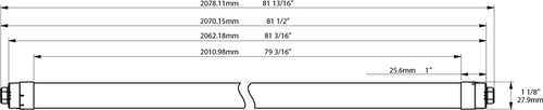 Dimension drawing of the RAB T8-35-84P2S-865-DE-BYP T8 LED Sign Tube – 7ft – Type B Ballast Bypass – Double Ended – 35W – 6500K – 4550 Lumens – Dual-Sided Illumination – 120-277Vshowing fixture dimensions and mounting measurements.