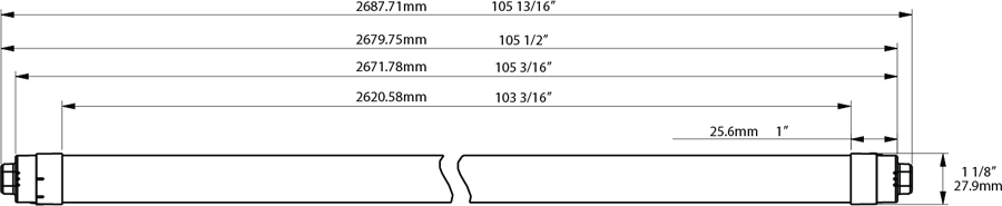 RAB T8-43-108P2S-865-DE-BYP T8 LED Sign Tube – 9ft – Type B Ballast Bypass – Double Ended – 43W – 6500K – 5850 Lumens – Dual-Sided Illumination – 120-277V