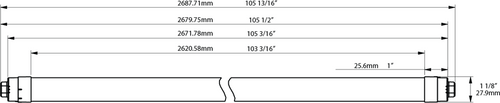 Dimension drawing of the RAB T8-43-108P2S-865-DE-BYP T8 LED Sign Tube – 9ft – Type B Ballast Bypass – Double Ended – 43W – 6500K – 5850 Lumens – Dual-Sided Illumination – 120-277Vshowing fixture dimensions and mounting measurements.