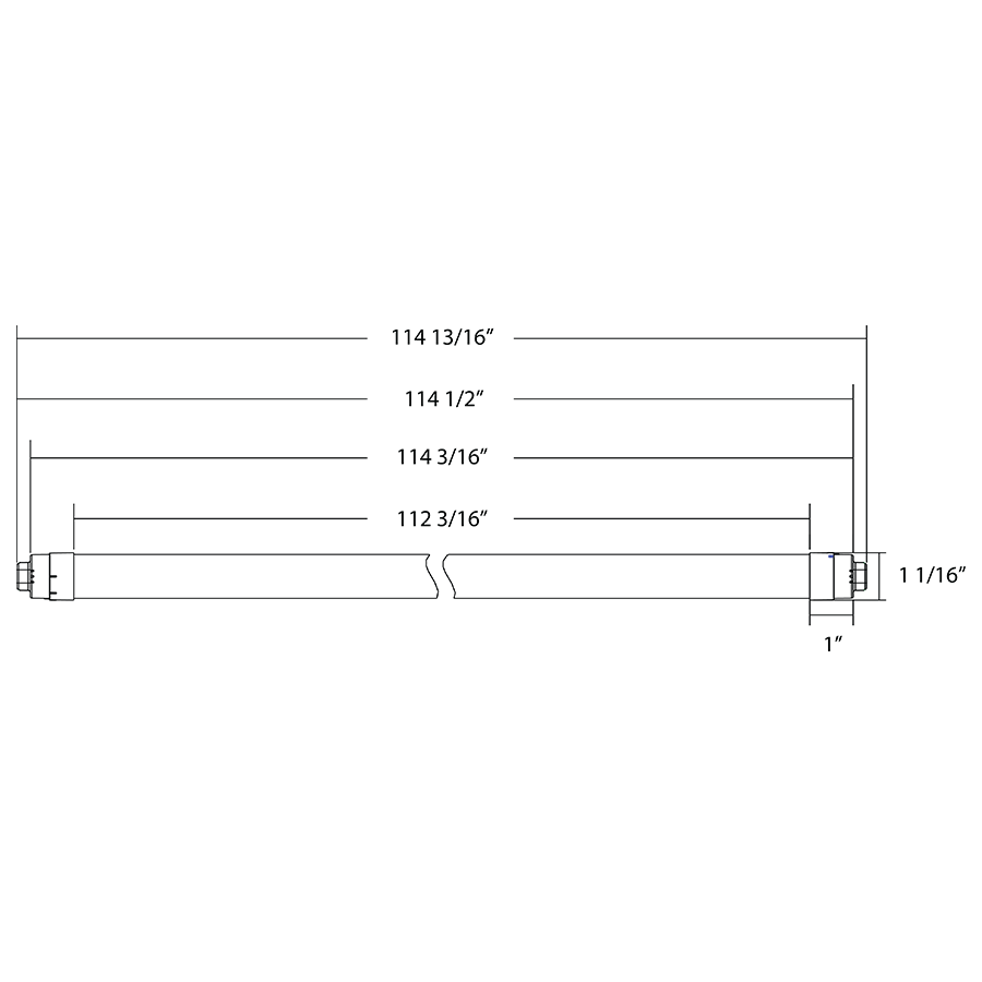 Dimension drawing of the RAB T8-46-117P2S-865-DE-BYP T8 LED Sign Tube – 117in – Type B Ballast Bypass – Double Ended – 46W – 6500K – 6200 Lumens – Dual-Sided Illumination – 120-277Vshowing fixture dimensions and mounting measurements.
