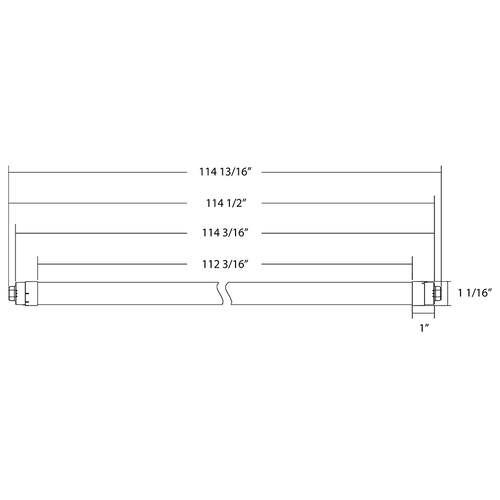 Dimension drawing of the RAB T8-46-117P2S-865-DE-BYP T8 LED Sign Tube – 117in – Type B Ballast Bypass – Double Ended – 46W – 6500K – 6200 Lumens – Dual-Sided Illumination – 120-277Vshowing fixture dimensions and mounting measurements.