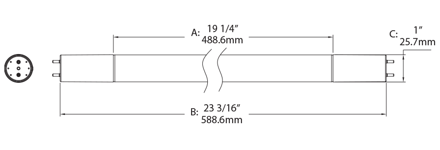 Dimension drawing of the RAB T8-6-24G-850-DIR T8 LED Tube – 2ft – Type A Ballast Compatible – 6W – 5000K – 900 Lumens – Ballast Dependentshowing fixture dimensions and mounting measurements.