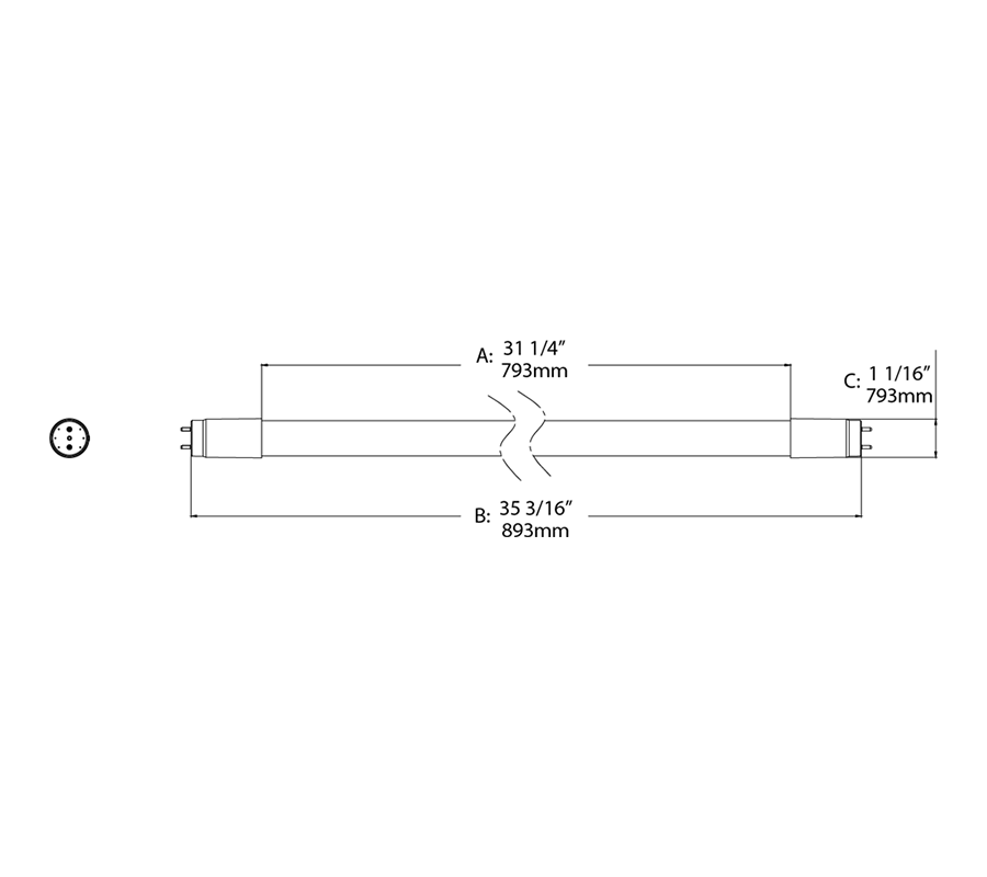 Dimension drawing of the RAB T8-8-36G-830-DIR T8 LED Tube – 3ft – Type A Ballast Compatible – 8W – 3000K – 1100 Lumens – Ballast Dependentshowing fixture dimensions and mounting measurements.