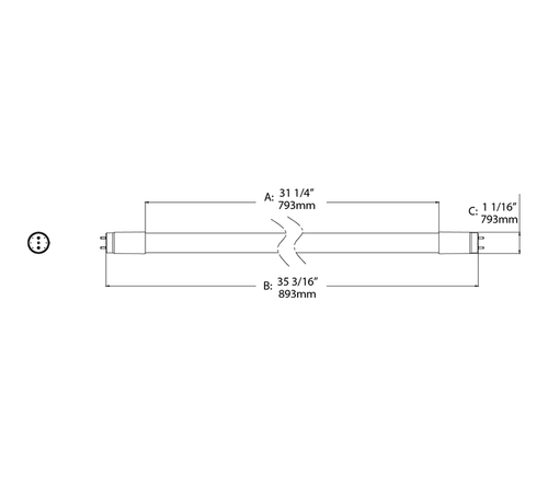 Dimension drawing of the RAB T8-8-36G-840-DIR T8 LED Tube – 3ft – Type A Ballast Compatible – 8W – 4000K – 1200 Lumens – Ballast Dependentshowing fixture dimensions and mounting measurements.