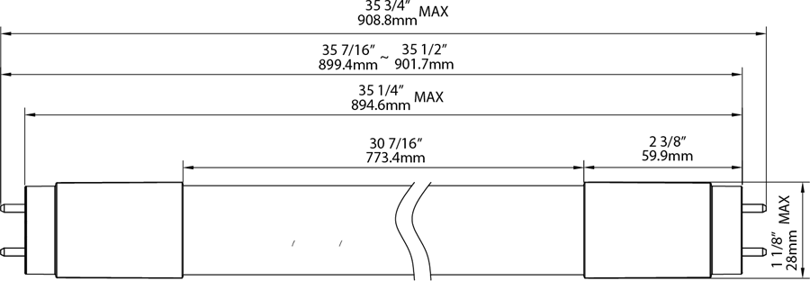 Dimension drawing of the RAB T8-8-36GC-850-DIR T8 LED Tube – 3ft – Type A Ballast Compatible – 8W – 5000K – 1200 Lumens – Ballast Dependentshowing fixture dimensions and mounting measurements.