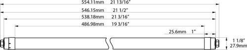 Dimension drawing of the RAB T8-9-24P2S-865-DE-BYP T8 LED Sign Tube – 2ft – Type B Ballast Bypass – Double Ended – 9W – 6500K – 1200 Lumens – Dual-Sided Illumination – 120-277Vshowing fixture dimensions and mounting measurements.