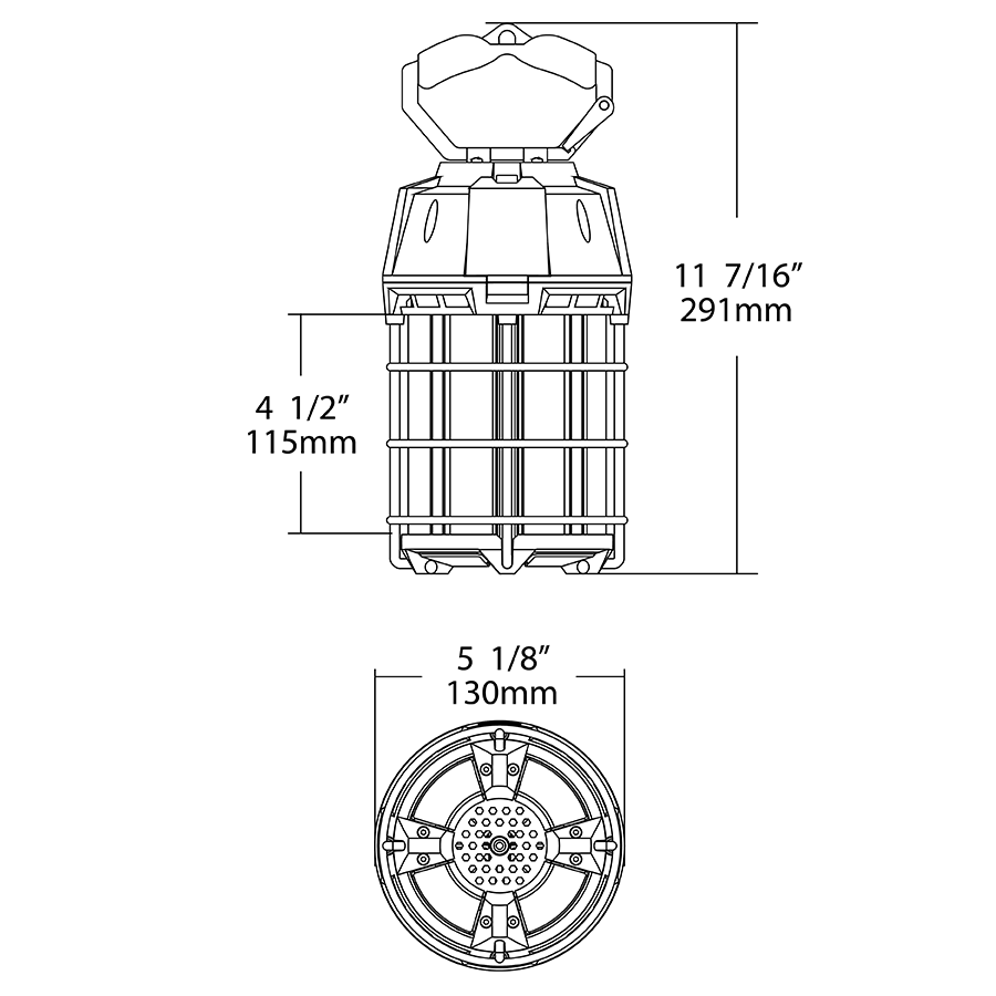 Dimension drawing of the RAB TEMP-100-850/25CP TEMP Temporary LED Work Light – 100W – 5000K – CRI 80 – 12000 Lumens – 120V – Type B – 25ft Cord with Plugshowing fixture dimensions and mounting measurements.