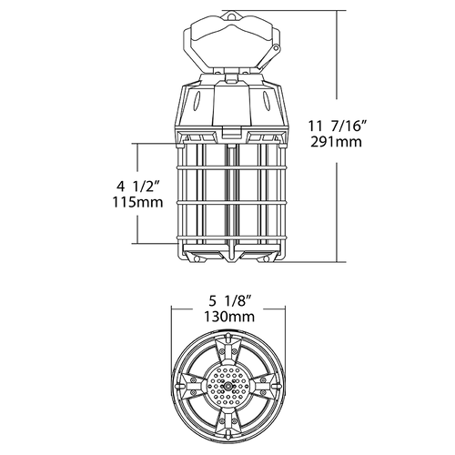 Dimension drawing of the RAB TEMP-100-850/25CP TEMP Temporary LED Work Light – 100W – 5000K – CRI 80 – 12000 Lumens – 120V – Type B – 25ft Cord with Plugshowing fixture dimensions and mounting measurements.