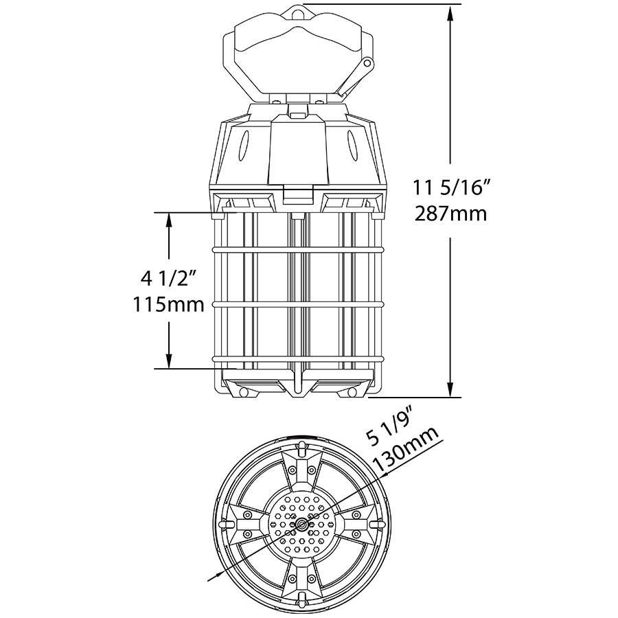 Dimension drawing of the RAB TEMP-100-850 TEMP Temporary LED Work Light – 100W – 5000K – CRI 80 – 12000 Lumens – 120Vshowing fixture dimensions and mounting measurements.