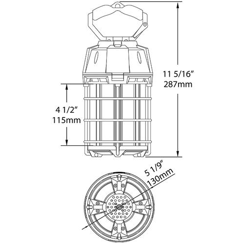 Dimension drawing of the RAB TEMP-100-850 TEMP Temporary LED Work Light – 100W – 5000K – CRI 80 – 12000 Lumens – 120Vshowing fixture dimensions and mounting measurements.