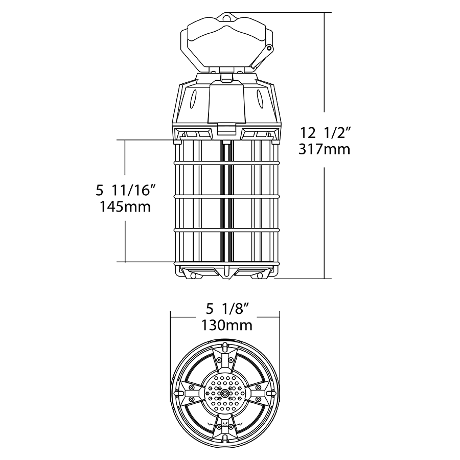 Dimension drawing of the RAB TEMP-150-850/35CP TEMP Temporary LED Work Light – 150W – 5000K – CRI 80 – 18000 Lumens – 120V – Type B – 35ft Cord with Plugshowing fixture dimensions and mounting measurements.