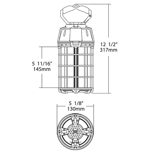 Dimension drawing of the RAB TEMP-150-850/35CP TEMP Temporary LED Work Light – 150W – 5000K – CRI 80 – 18000 Lumens – 120V – Type B – 35ft Cord with Plugshowing fixture dimensions and mounting measurements.