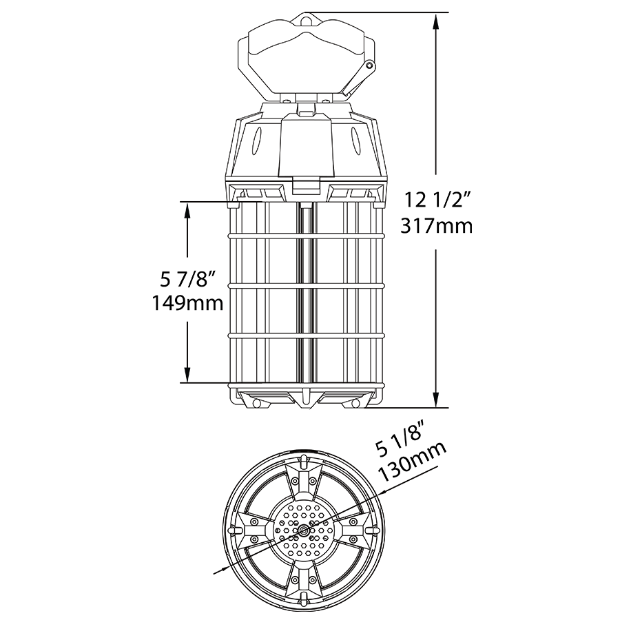 Dimension drawing of the RAB TEMP-150-850 TEMP Temporary LED Work Light – 150W – 5000K – CRI 80 – 18000 Lumens – 120Vshowing fixture dimensions and mounting measurements.