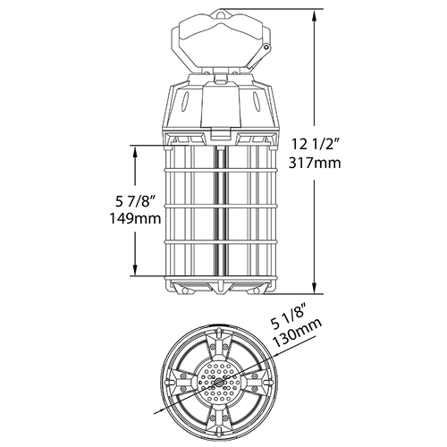 Dimension drawing of the RAB TEMP-150-850 TEMP Temporary LED Work Light – 150W – 5000K – CRI 80 – 18000 Lumens – 120Vshowing fixture dimensions and mounting measurements.
