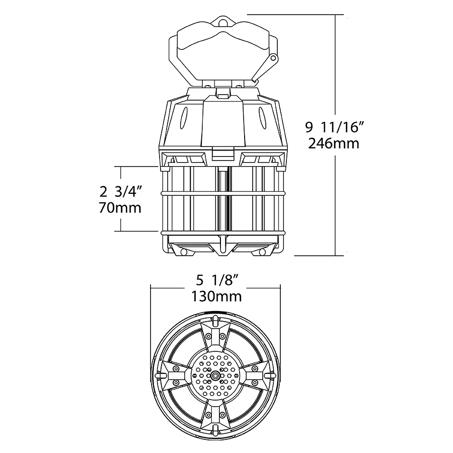 Dimension drawing of the RAB TEMP-60-850/15CP TEMP Temporary LED Work Light – 60W – 5000K – CRI 80 – 7200 Lumens – 120V – Type B – 15ft Cord with Plugshowing fixture dimensions and mounting measurements.