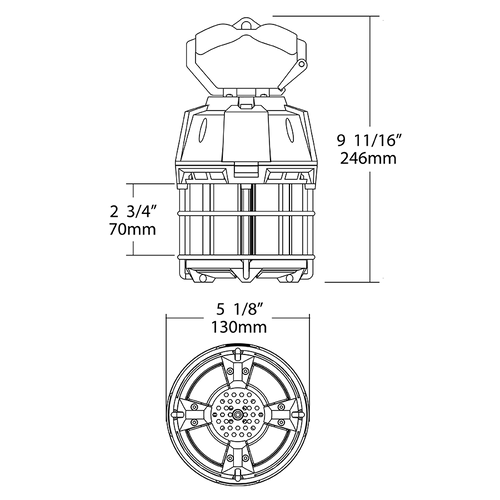 Dimension drawing of the RAB TEMP-60-850/15CP TEMP Temporary LED Work Light – 60W – 5000K – CRI 80 – 7200 Lumens – 120V – Type B – 15ft Cord with Plugshowing fixture dimensions and mounting measurements.