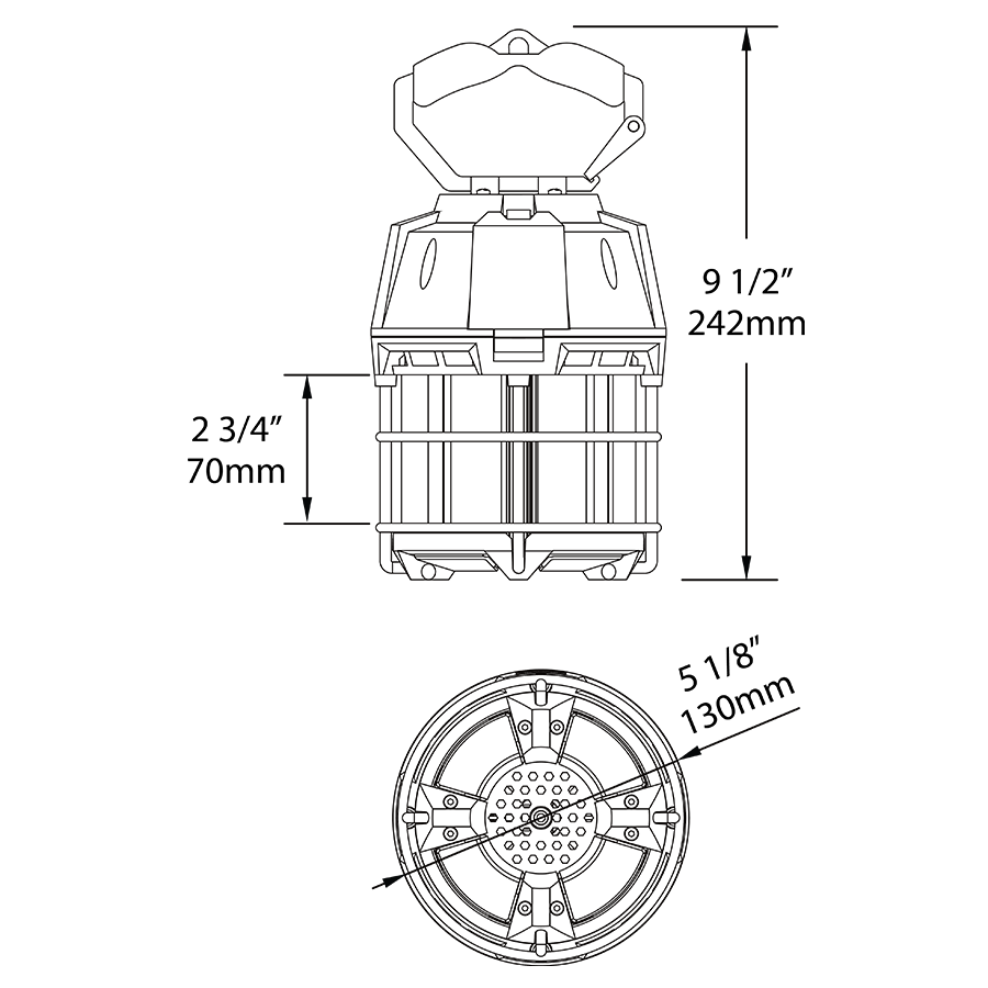 Dimension drawing of the RAB TEMP-60-850 TEMP Temporary LED Work Light – 60W – 5000K – CRI 80 – 7200 Lumens – 120Vshowing fixture dimensions and mounting measurements.