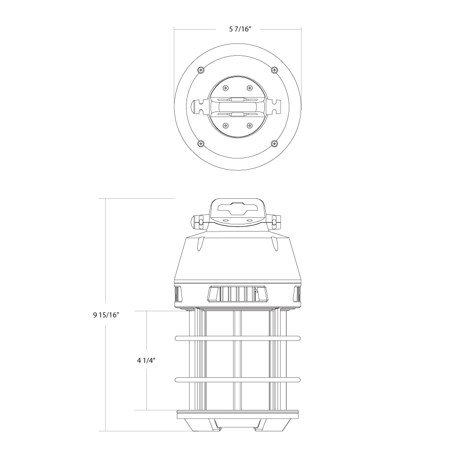 Dimension drawing of the RAB TEMP17-100 TEMP17 Temporary LED Work Light – 100W – 5000K – CRI 80 – 12000 Lumens – 120V – 6ft 18AWG/2 Cableshowing fixture dimensions and mounting measurements.