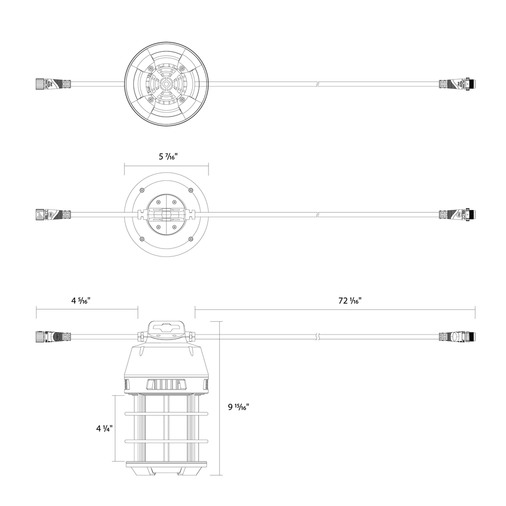 Dimension drawing of the RAB TEMP34-100 TEMP34 Temporary LED Work Light – 100W – 5000K – CRI 80 – 12000 Lumens – 120-277V – 6ft 18AWG/3 Cableshowing fixture dimensions and mounting measurements.