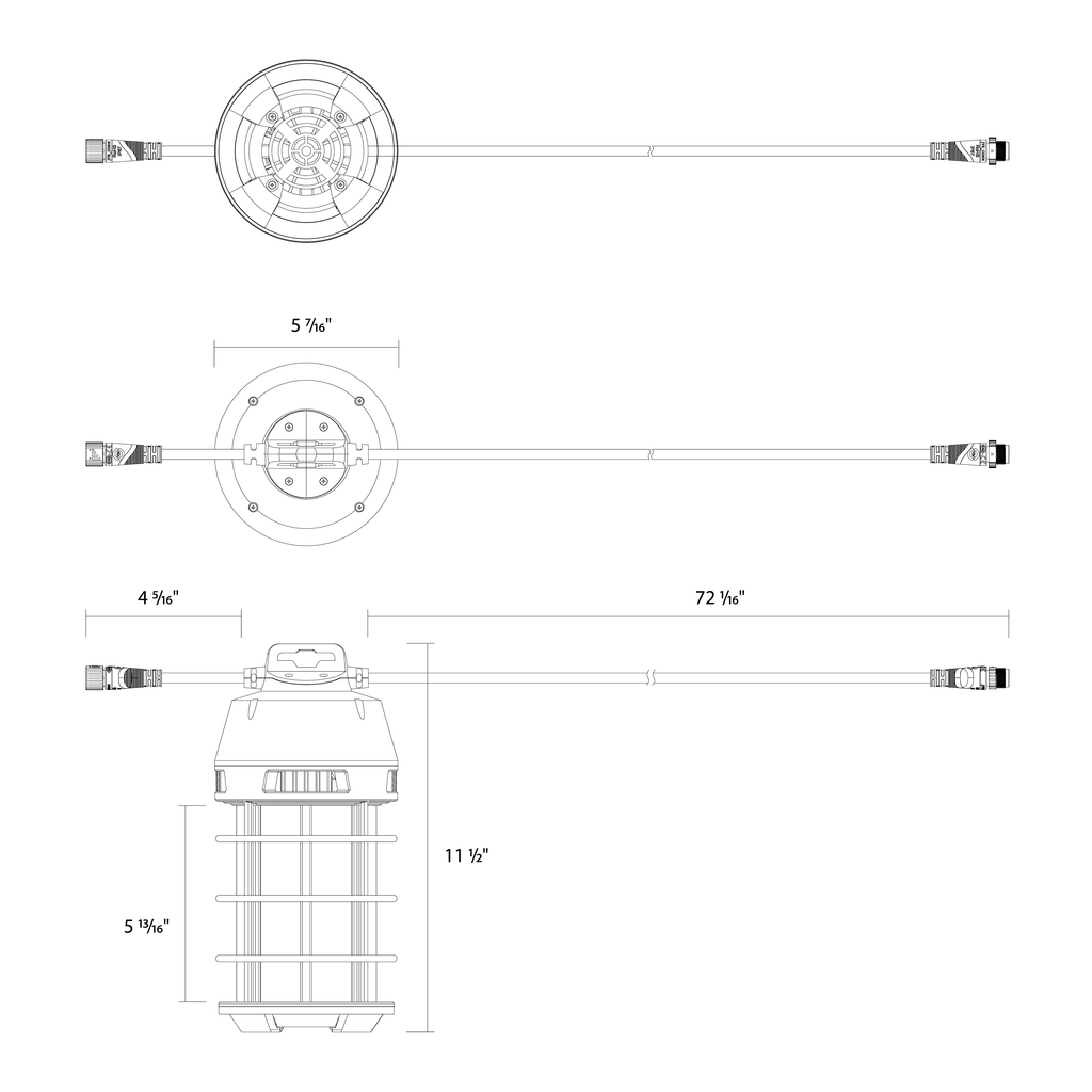 Dimension drawing of the RAB TEMP34-150 TEMP34 Temporary LED Work Light – 150W – 5000K – CRI 80 – 18000 Lumens – 120-277V – 6ft 18AWG/3 Cableshowing fixture dimensions and mounting measurements.