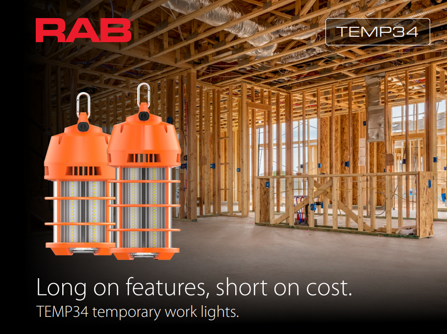 RAB TEMP34-150 TEMP34 Temporary LED Work Light – 150W – 5000K – CRI 80 – 18000 Lumens – 120-277V – 6ft 18AWG/3 Cable