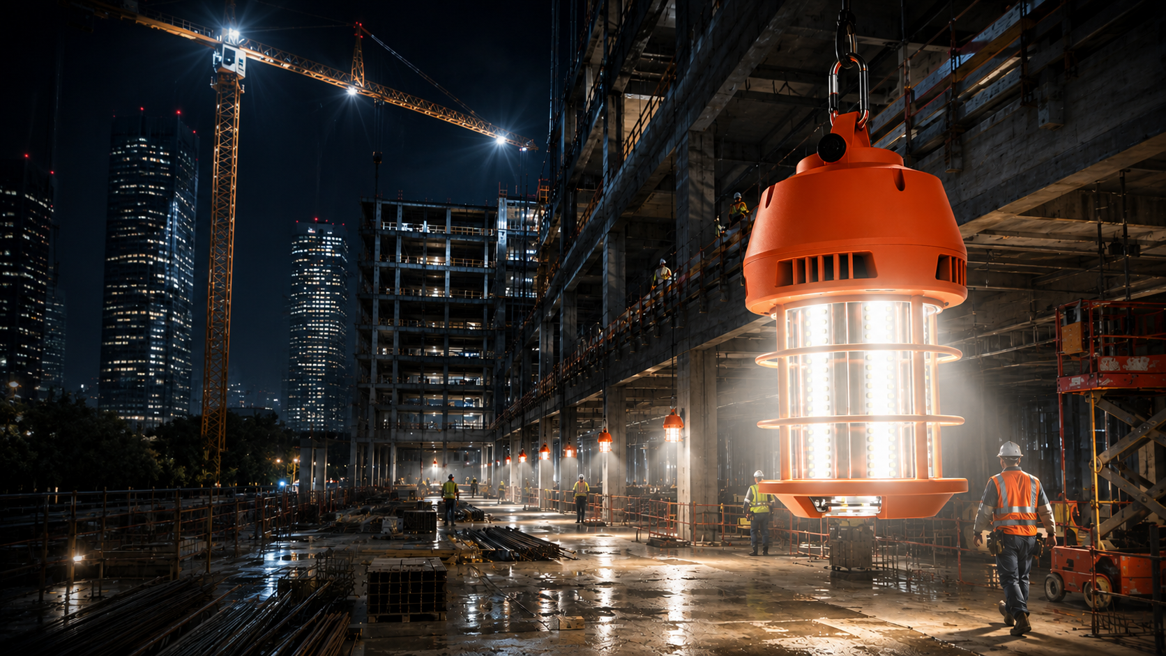 RAB TEMP34 temporary work light providing high-output LED illumination for commercial construction sites, renovation projects, and industrial jobsites at night.