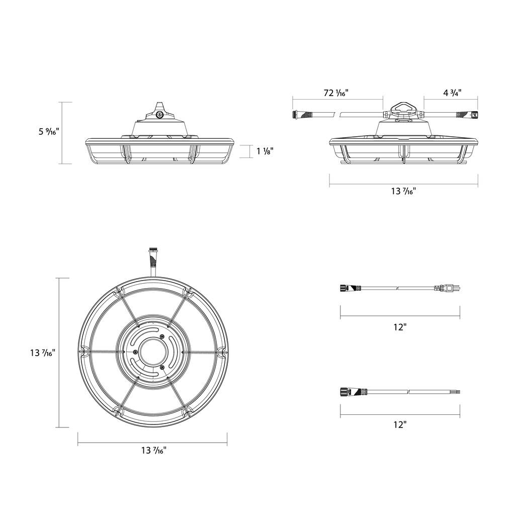 Dimension drawing of the RAB TEMPBAY-130 TEMPBAY Temporary UFO High Bay Light – 130W – 5000K – 15300 Lumens – 120-277Vshowing fixture dimensions and mounting measurements.