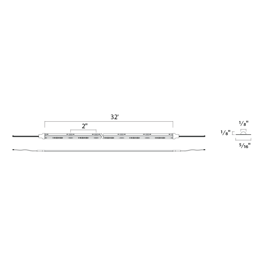 Dimension drawing of the RAB TICY ARCTAPE Indoor COB Static White LED Tape Light – 2.5W/ft – 3000K – 213 Lumens/ft – 24V DC – 90 CRI – IP20 Ratedshowing fixture dimensions and mounting measurements.