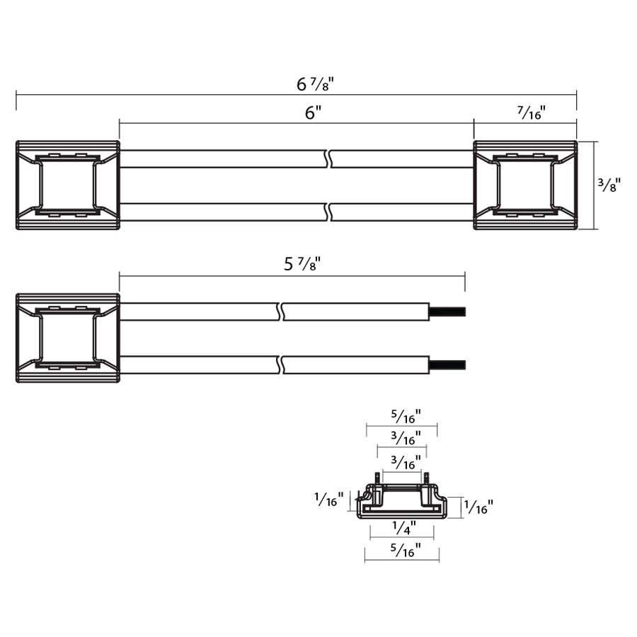 Dimension drawing of the RAB TIJ2 ARCTAPE 2-Pin Tape Light Connector – IP20 Rated – 8mm PCB Width – Includes 15cm Wireshowing fixture dimensions and mounting measurements.