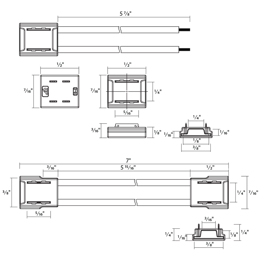 Dimension drawing of the RAB TIJ2/DW ARCTAPE 2-Pin Tape Light Connector – IP20 Rated – 10mm PCB Width – Includes 15cm Wireshowing fixture dimensions and mounting measurements.