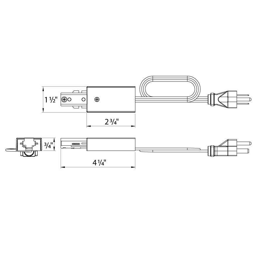 Dimension drawing of the RAB TK-CP/B 12ft Grounded Cord and Plug Accessory – Black Finishshowing fixture dimensions and mounting measurements.
