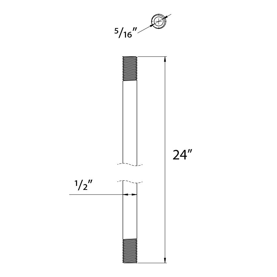 Dimension drawing of the RAB TK-SS24/B Suspension Stem – 24in – Black Finishshowing fixture dimensions and mounting measurements.