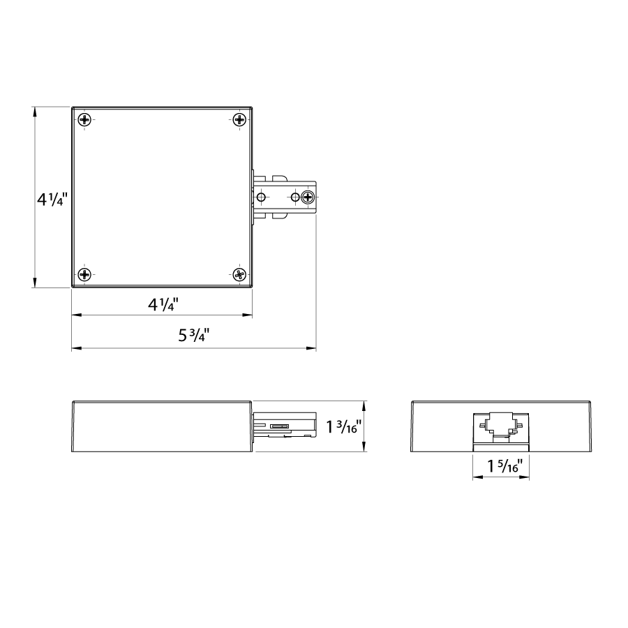 Dimension drawing of the RAB TK-TF/B T-Bar End Feed Accessory – Black Finishshowing fixture dimensions and mounting measurements.