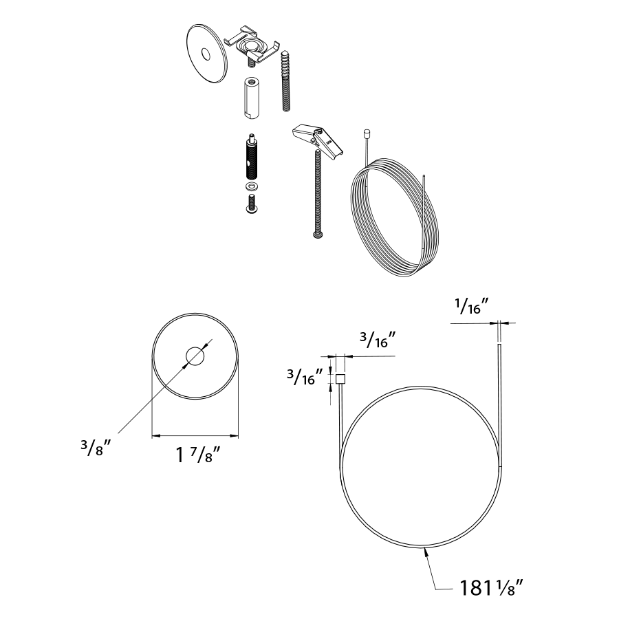 Dimension drawing of the RAB TK-WCK Suspension Wire Cable Kit – White Finishshowing fixture dimensions and mounting measurements.