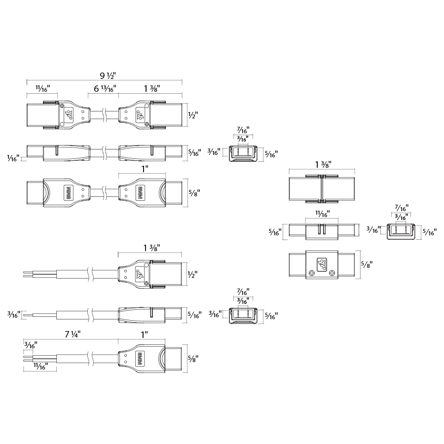 Dimension drawing of the RAB TOJ2 FLEXTAPE 2-Pin Tape Light Connector – IP65 Rated – 8mm PCB Width – Includes 15cm Wireshowing fixture dimensions and mounting measurements.