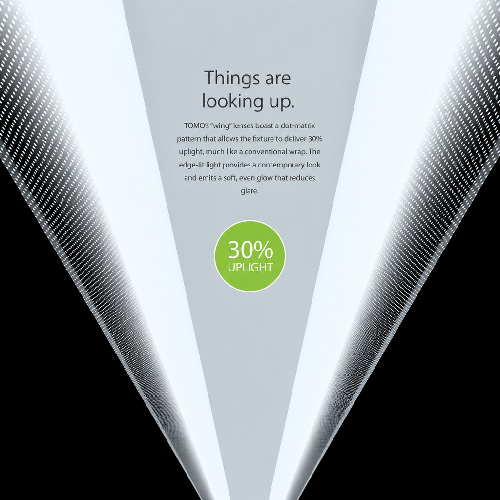 RAB TOMO architectural linear light with edge-lit wing lens design delivering 30 percent uplight and reduced glare